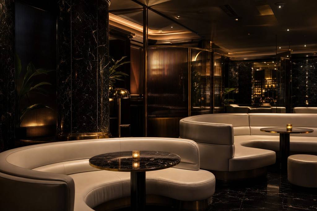 Illustrative Darstellung eines Lounge-Bereichs mit weissem Leder, Marmor und Messingbeleuchtung