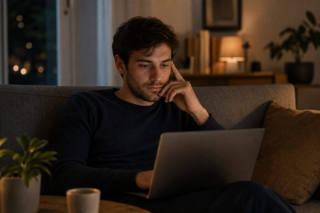 Person sitzt abends zuhause nachdenklich mit einem Laptop auf dem Sofa