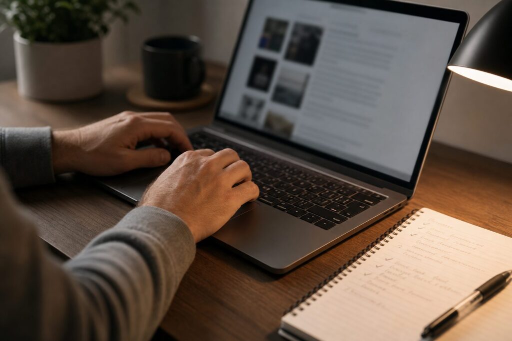 Hände tippen auf einem Laptop neben einem Notizblock mit Checkliste