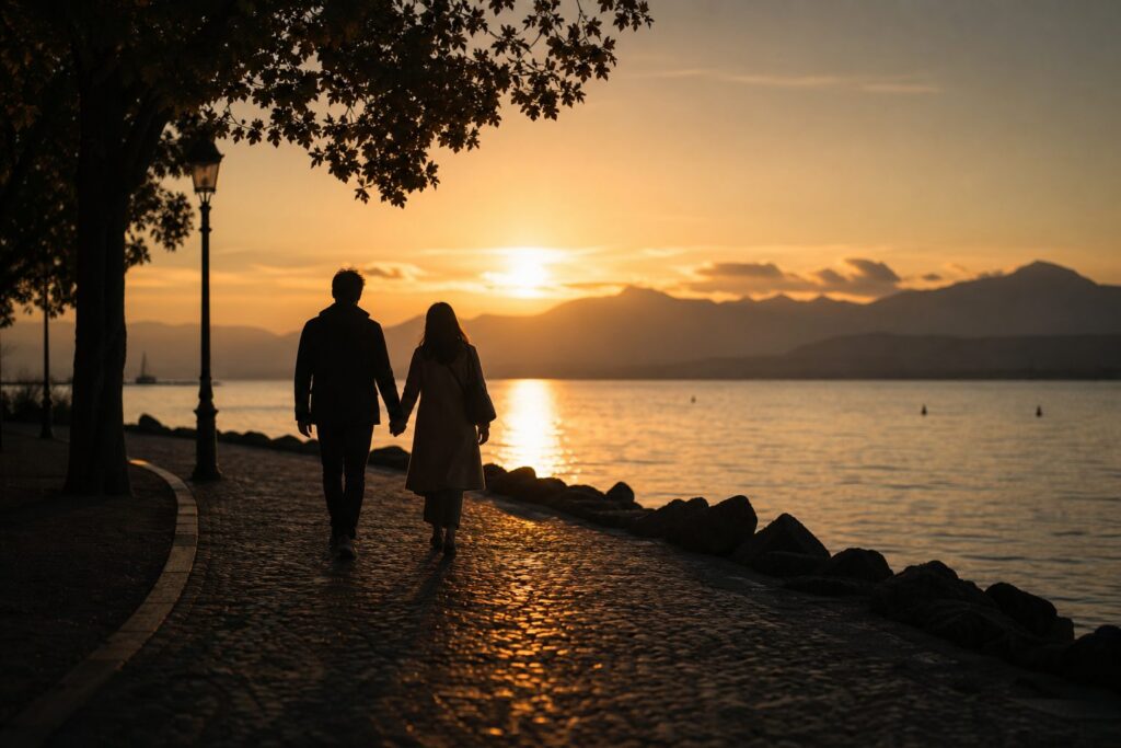 Zwei Silhouetten spazieren bei Sonnenuntergang am Genfersee-Ufer