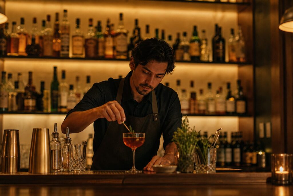 Bartender mixt einen Cocktail an einer stimmungsvoll beleuchteten Bar