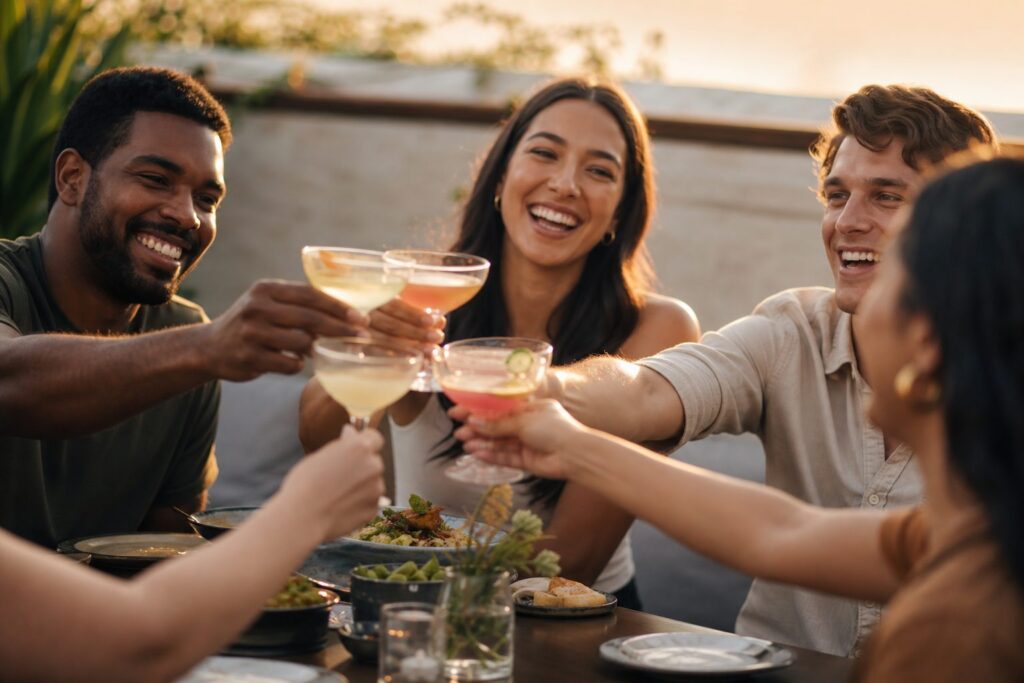 Freundesgruppe stösst feierlich mit Cocktailgläsern an