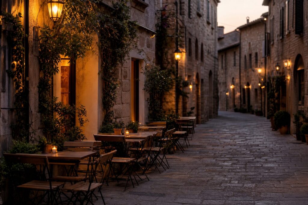 Enge, warm beleuchtete Altstadtgasse mit Café-Tischen am Abend