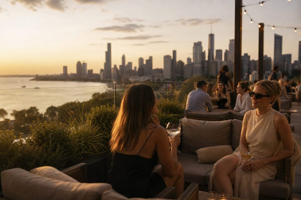 Rooftop-Bar mit Blick auf den Genfersee bei Sonnenuntergang